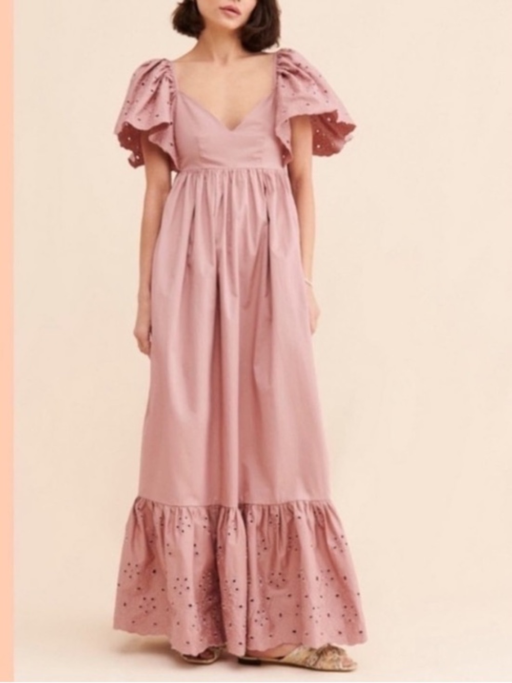 En Saison Barnette Maxi Dress Dusty Rose Mauve Cotton Eyelet Open Back Pockets